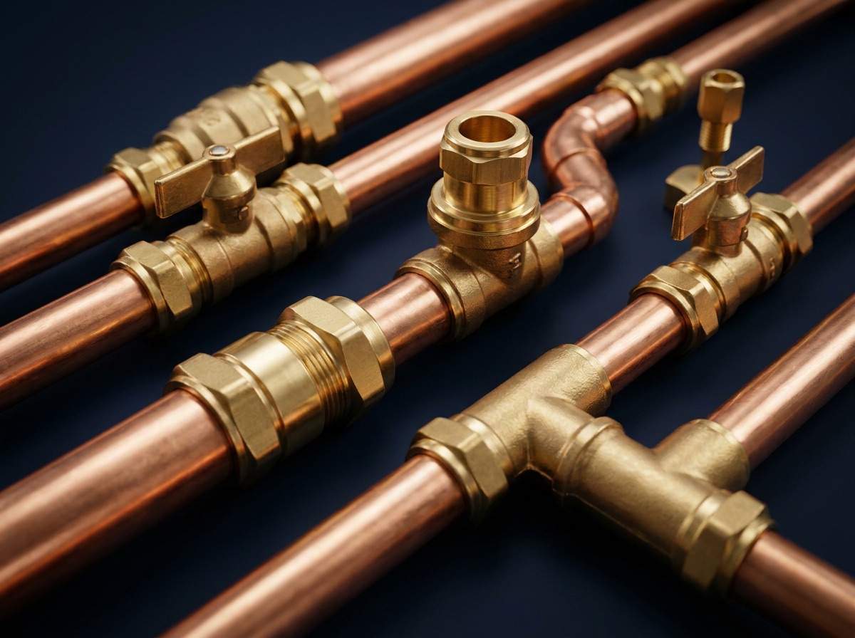 Close-up of clean copper pipework installed by Bluebird Plumbing